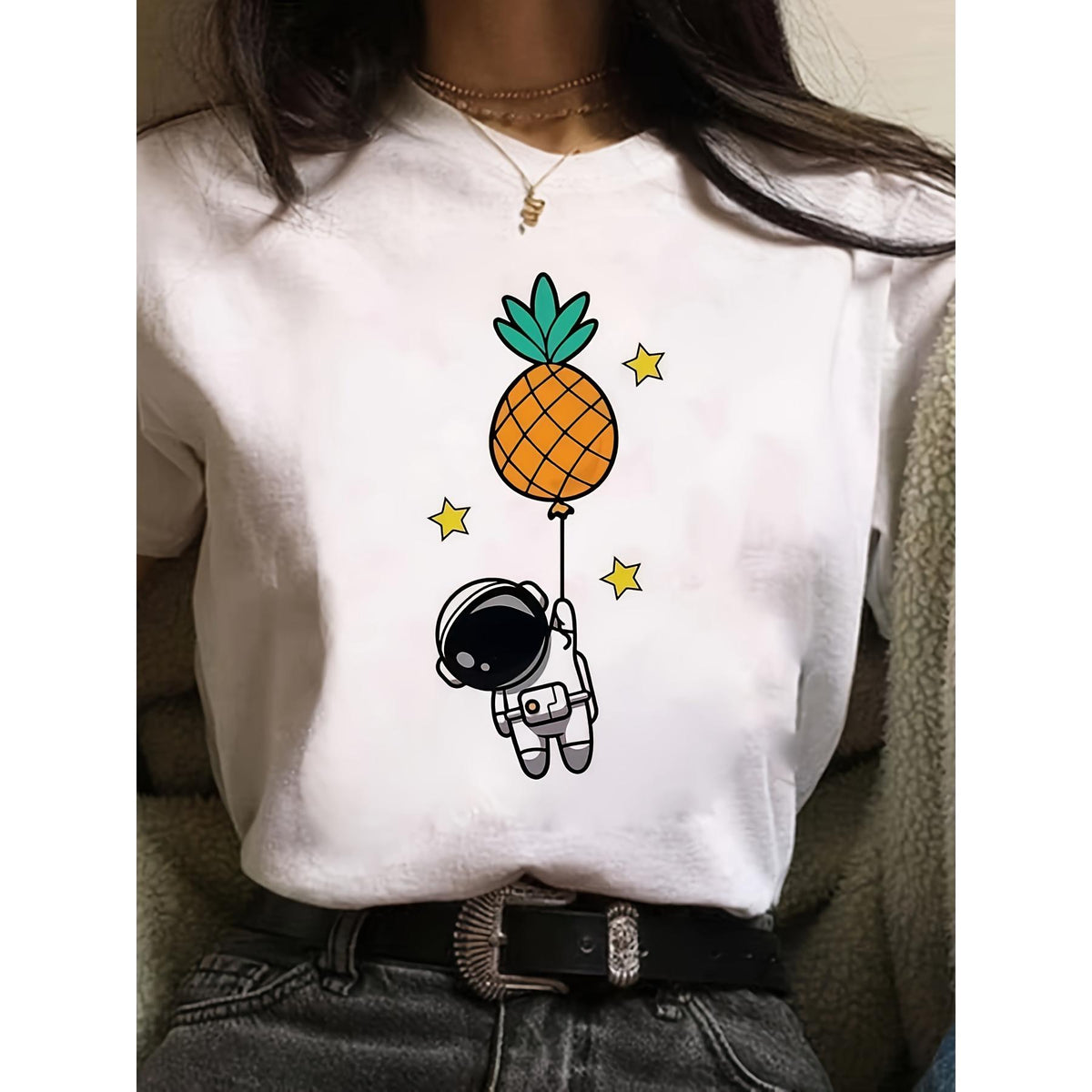 Women's Cotton Casual Short-Sleeve Round Neck Comfortable T-Shirt, Cartoon Astronaut and Pineapple Print, Shortsleeve, Lady, Cartoon Print, Casual Wear, Pure Cotton, Tops, Style