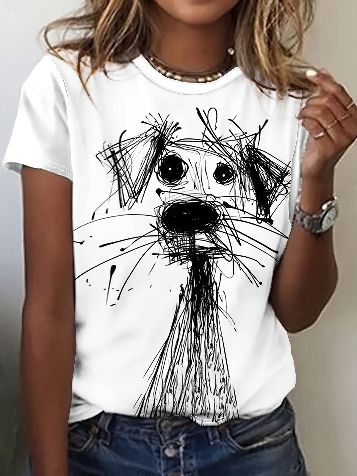 Women's Casual Everyday T-Shirt Black Dog Sketch Summer Tee for Pet Lovers Graphic Top, Comfort Seekers