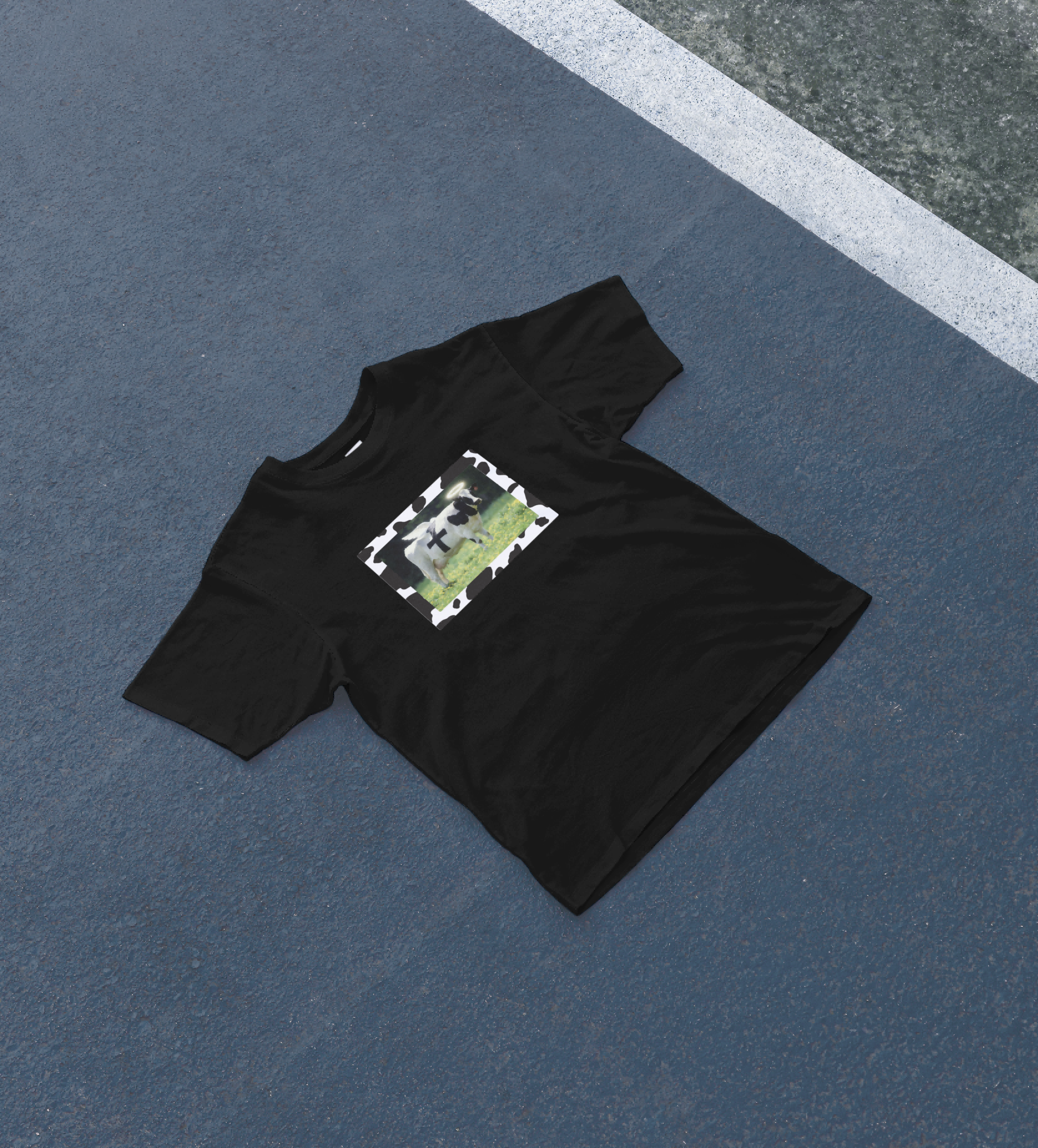 DIYANYONE Surreal Meme T-Shirt: Holy Cow Angel with Black Cross | Divine Bovine Religious Satire & Cow Print Aesthetic Tee