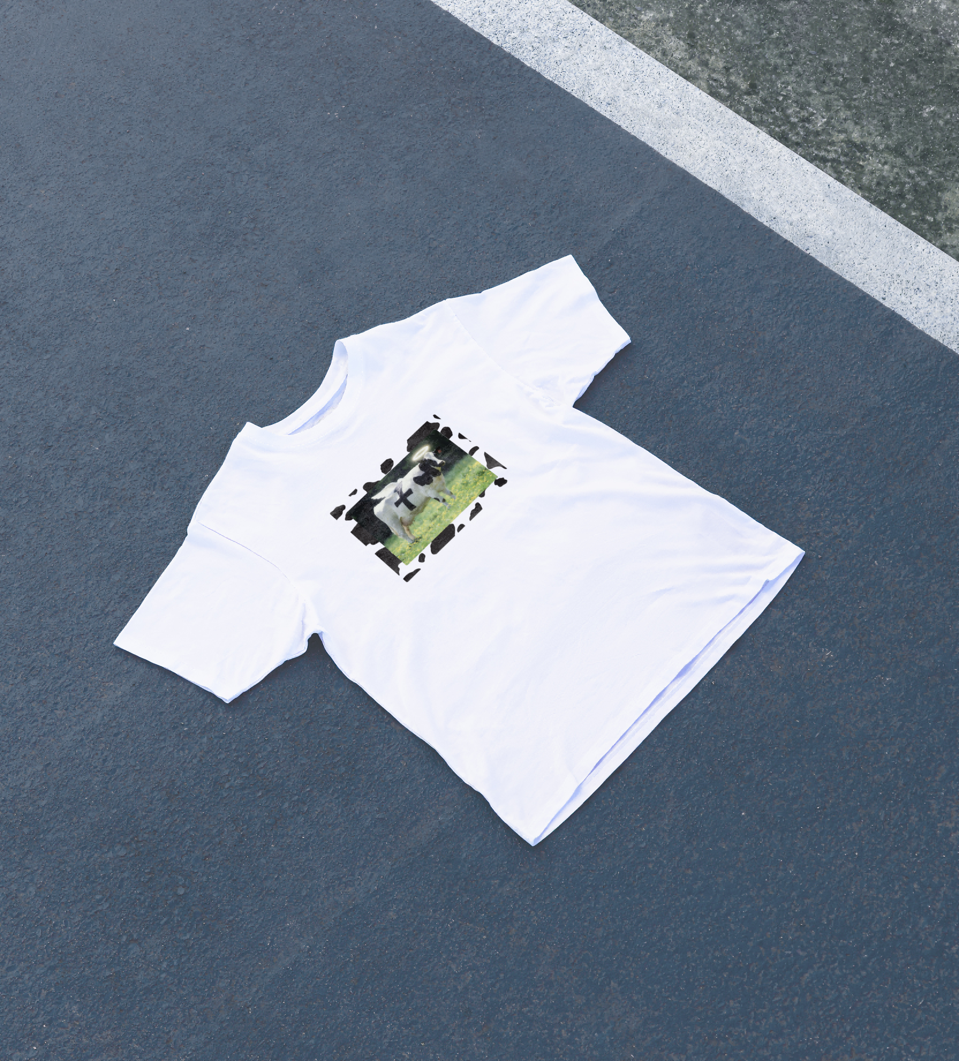 DIYANYONE Surreal Meme T-Shirt: Holy Cow Angel with Black Cross | Divine Bovine Religious Satire & Cow Print Aesthetic Tee