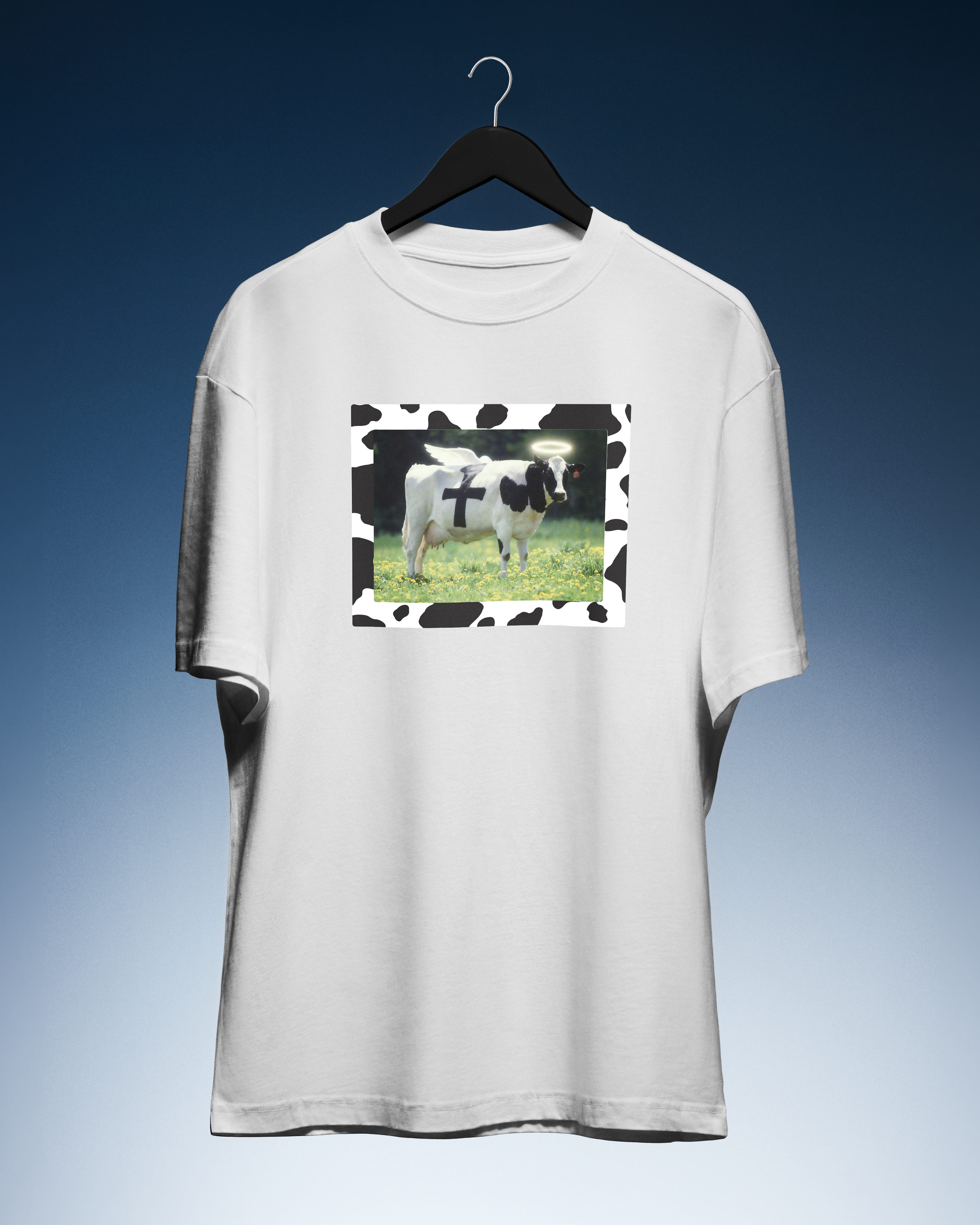 DIYANYONE Surreal Meme T-Shirt: Holy Cow Angel with Black Cross | Divine Bovine Religious Satire & Cow Print Aesthetic Tee