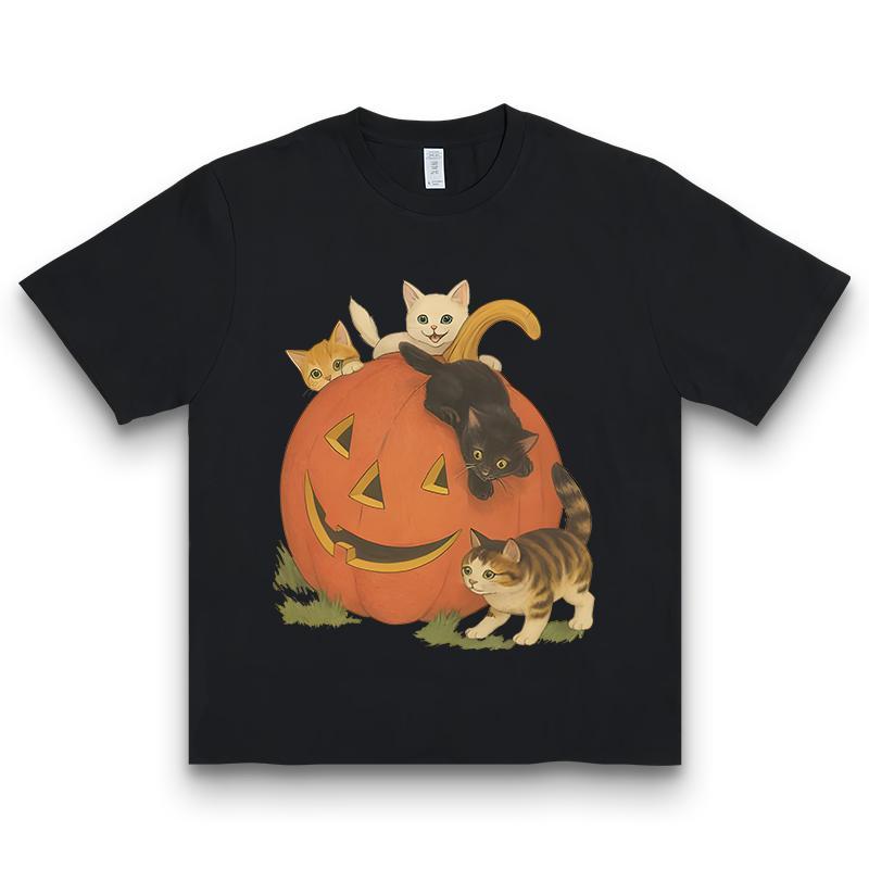 Cotton Vintage 90s Cat Halloween Shirt, Retro Cute Cats Fall Vibes T-shirt, Vintage Jack-o-lantern Graphic Tee, Cat Lovers Outfits