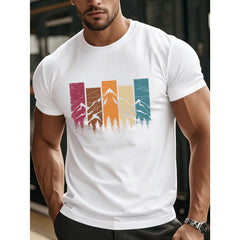 Retro Style Men'S Short-Sleeve T-Shirt Featuring Mountain And Tree Patterns, Perfect for Casual Daily Wear