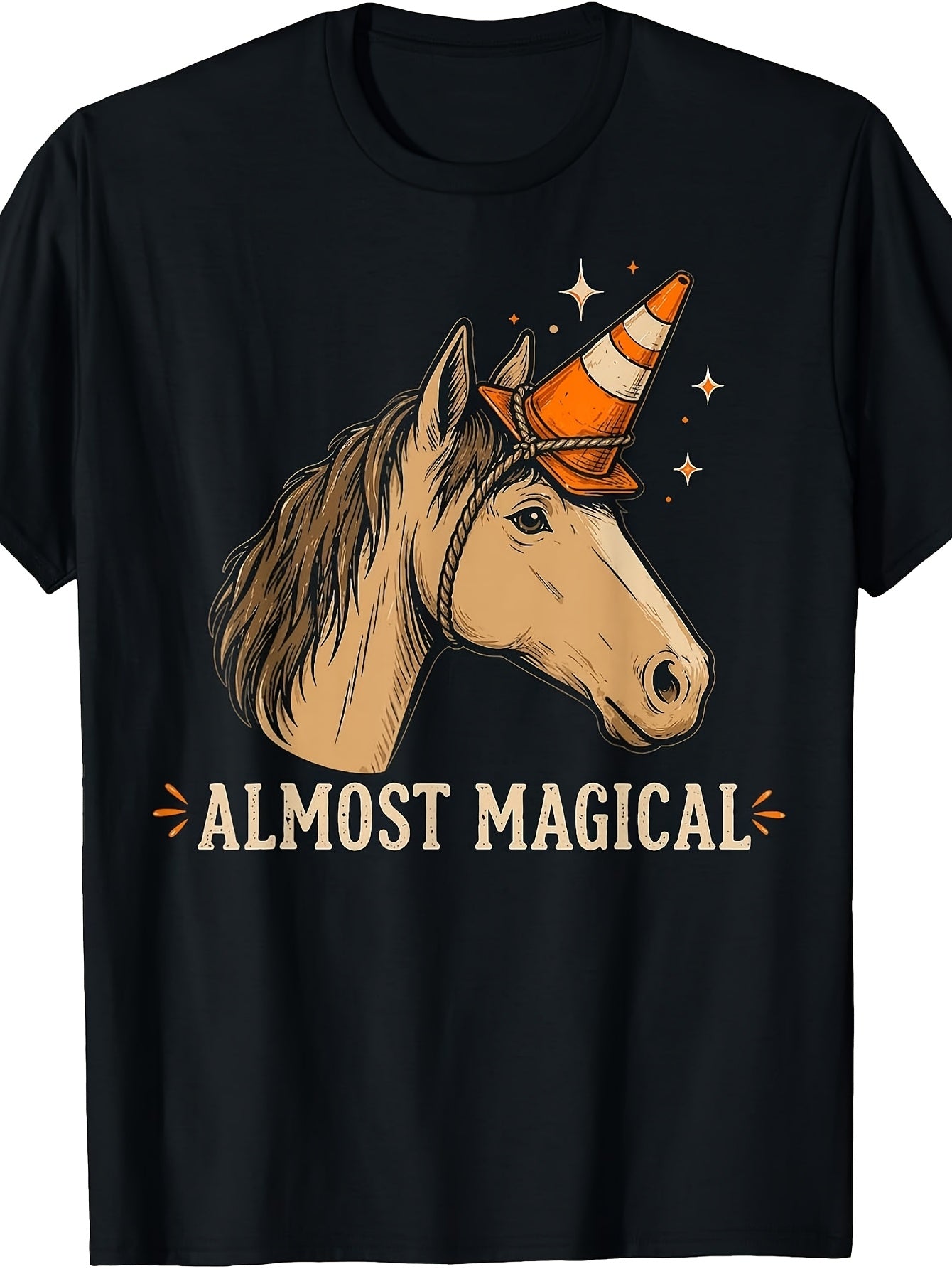 Funny Almost Magical Horse Graphic T-Shirt, Horse Wearing Traffic Cone 100% Cotton Crew Neck Short Sleeve Tee, Cute Equestrian Novelty Shirt, Gift for Horse Lovers