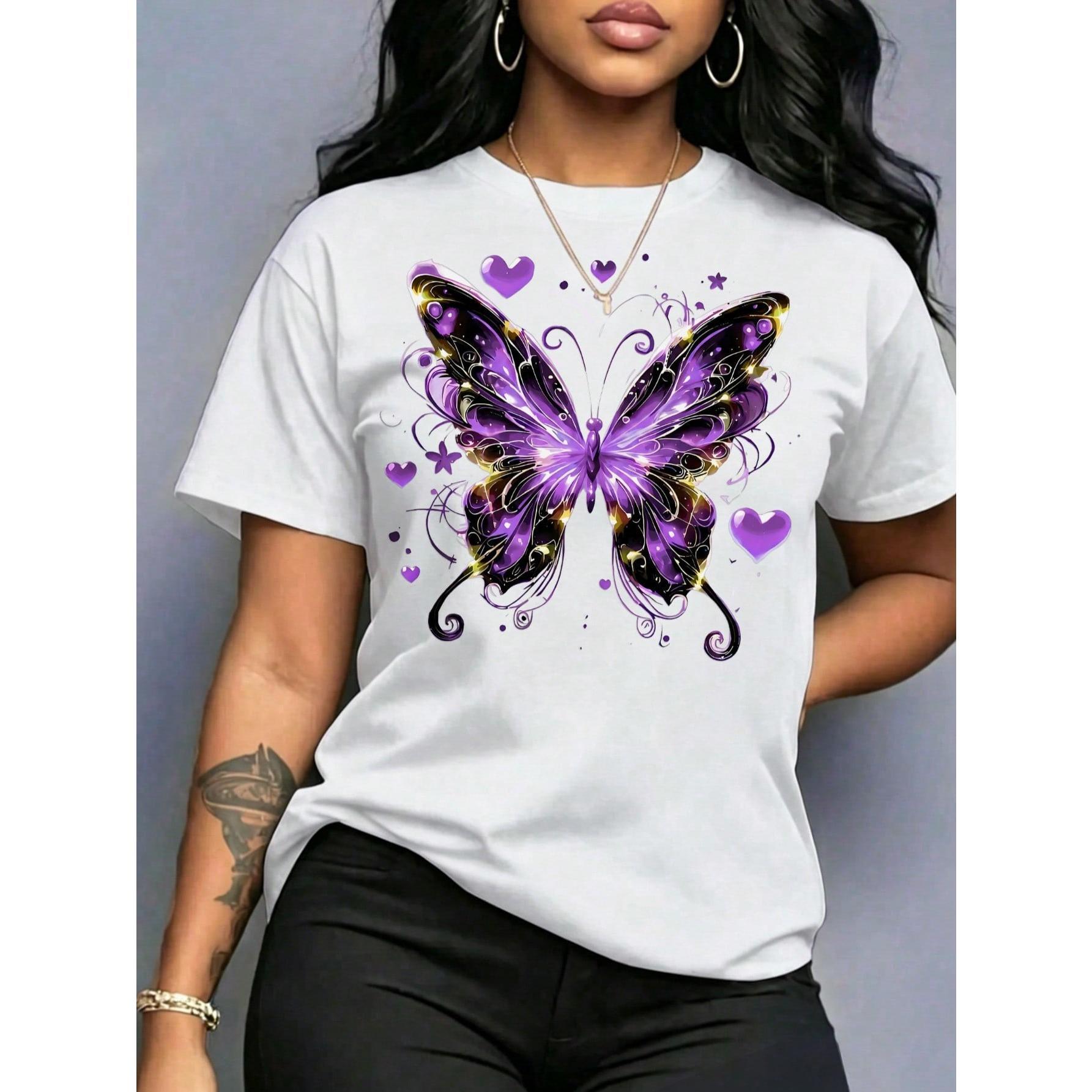 Women's Casual Blue Butterfly Print T-Shirt, Short Sleeve Round Neck Cotton Top For Everyday Wear