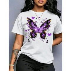 Women's Casual Blue Butterfly Print T-Shirt, Short Sleeve Round Neck Cotton Top For Everyday Wear