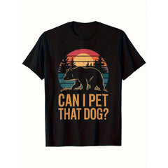 Men'S Funny "Can I Pet That Dog?" Retro Bear & Sunset Graphic T-Shirt - Short Sleeve Tee with Vintage 70s/80s Inspired Design