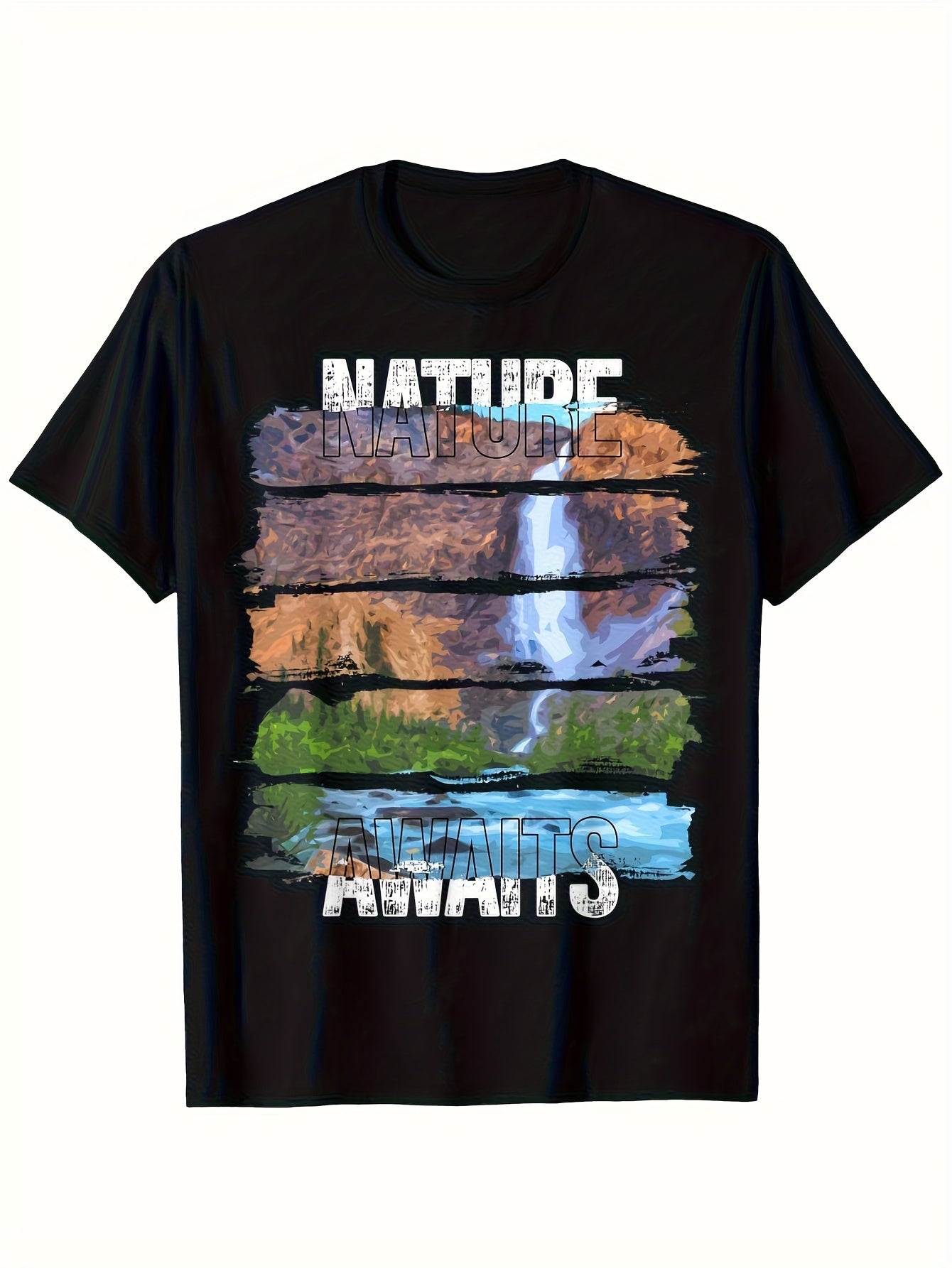 Men'S Nature Awaits Waterfall & Canyon Landscape Graphic Tee Short Sleeve Shirt Featuring a Nature-Inspired Vertical Waterfall Design, Perfect for Hiking, Camping, And Everyday Wear in Any Season