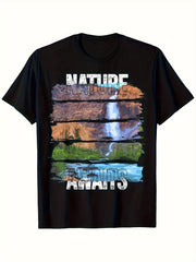 Men'S Nature Awaits Waterfall & Canyon Landscape Graphic Tee Short Sleeve Shirt Featuring a Nature-Inspired Vertical Waterfall Design, Perfect for Hiking, Camping, And Everyday Wear in Any Season