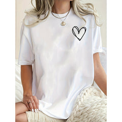 Plus-size Women's Minimalist Heart Print T-Shirt, Casual Round Neck Short-Sleeve Top, Comfortable and Breathable for Daily Wear, Minimalist Heart Print Casual Sport T-Shirt