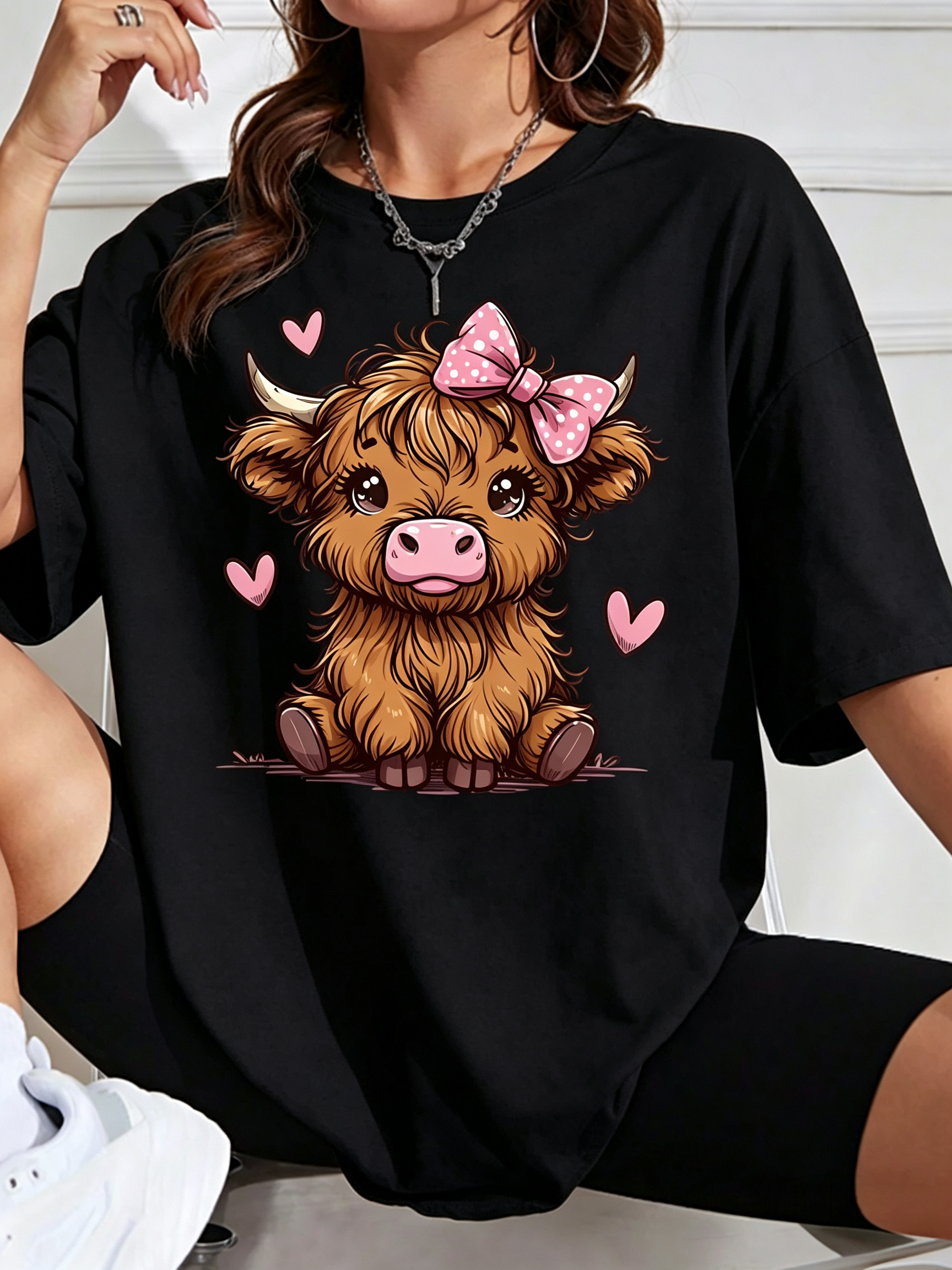 Cute Highland Cow T-Shirt Pink Bow Heart Graphic Tee Farm Animal Lover Gift Top