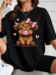 Cute Highland Cow T-Shirt Pink Bow Heart Graphic Tee Farm Animal Lover Gift Top