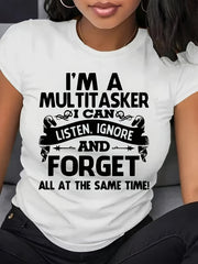 Women's Funny Multitasker Graphic T-Shirt, Humorous Quote Print Crew Neck Short Sleeve Casual Tee, Soft Everyday Summer Top