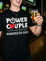 Power Couple Powered By God Christian Faith Graphic Tee for Men Women, Inspirational Couple Short Sleeve T-Shirt, Casual Crew Neck Top for Couples Gift