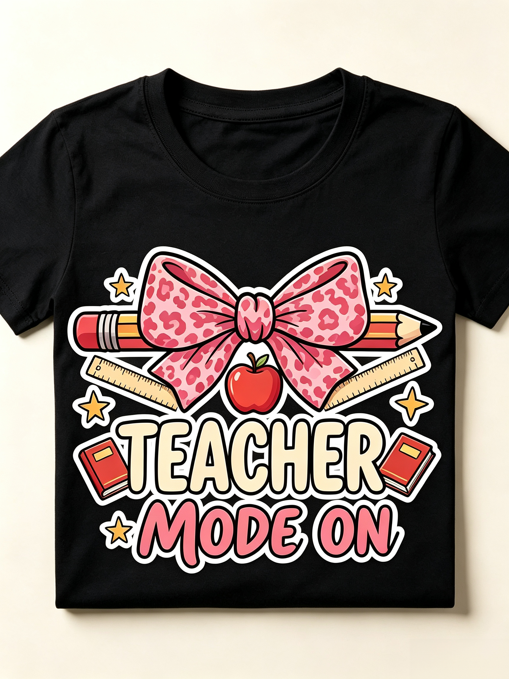 Teacher Mode On T-Shirt Coquette Pink Leopard Bow Pencil Tee Back to School Teacher Gift