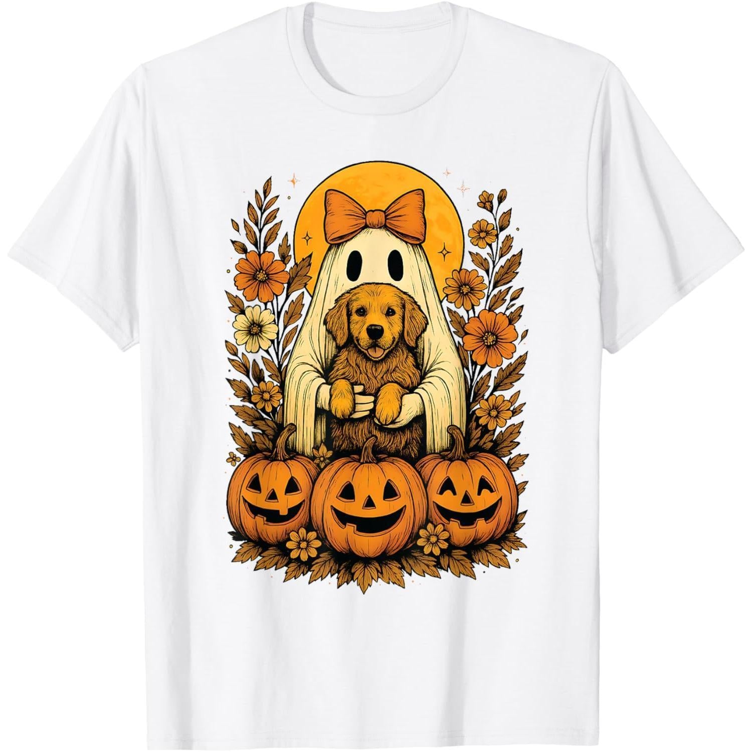 Vintage Halloween Ghost Holding Golden Retriever Dog T-Shirt