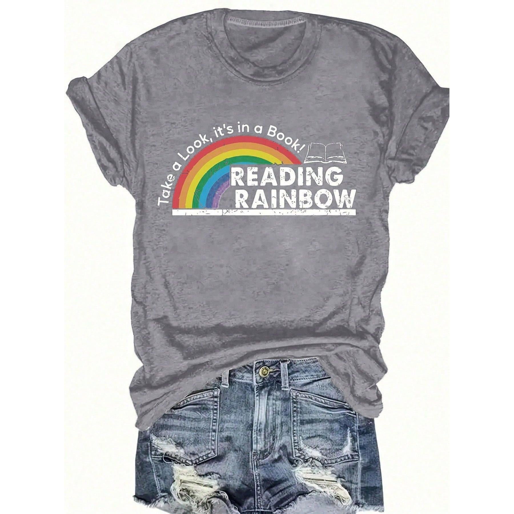 Women's Reading Rainbow Graphic Tee With Book Design Tee, Soft, Heavyweight, Fitted Fit, Print, Graphic, Design, Book, Rainbow Print, For Casual