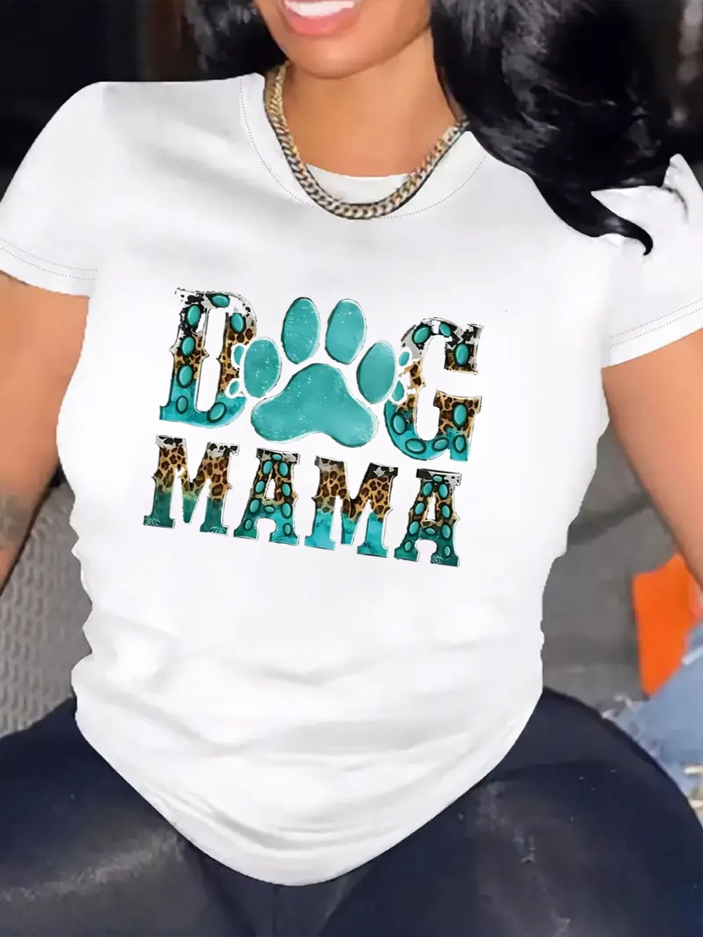 Women's Dog Mama Graphic T‑Shirt, Leopard Turquoise Dog Paw Print Short Sleeve Crew Neck Casual Tee