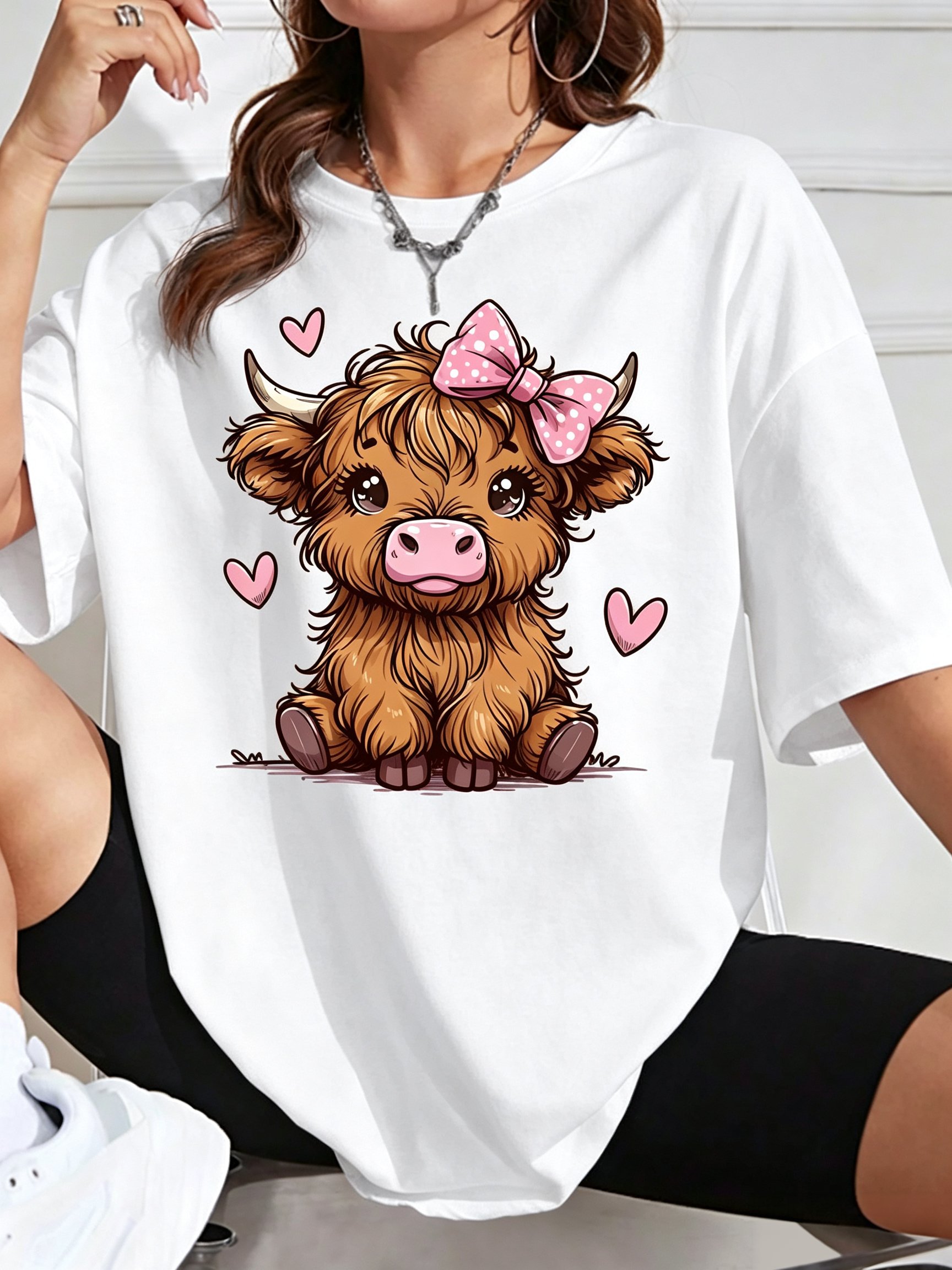 Cute Highland Cow T-Shirt Pink Bow Heart Graphic Tee Farm Animal Lover Gift Top