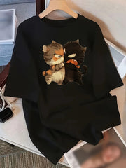 Cartoon Kitten Printed Short-Sleeved T-shirt Women's Round Neck Style Style Versatile Top Fashion