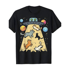 Men'S Retro Cartoon UFO Cat Abduction Graphic T-Shirt | Whimsical Design Featuring Colorful Planets, Playful Cats, and Alien Eyes, Short Sleeve, Round Neck, Lightweight and Breathable, Ideal for Casual Outings and Sci-Fi Lovers | Fun Graphic Tee