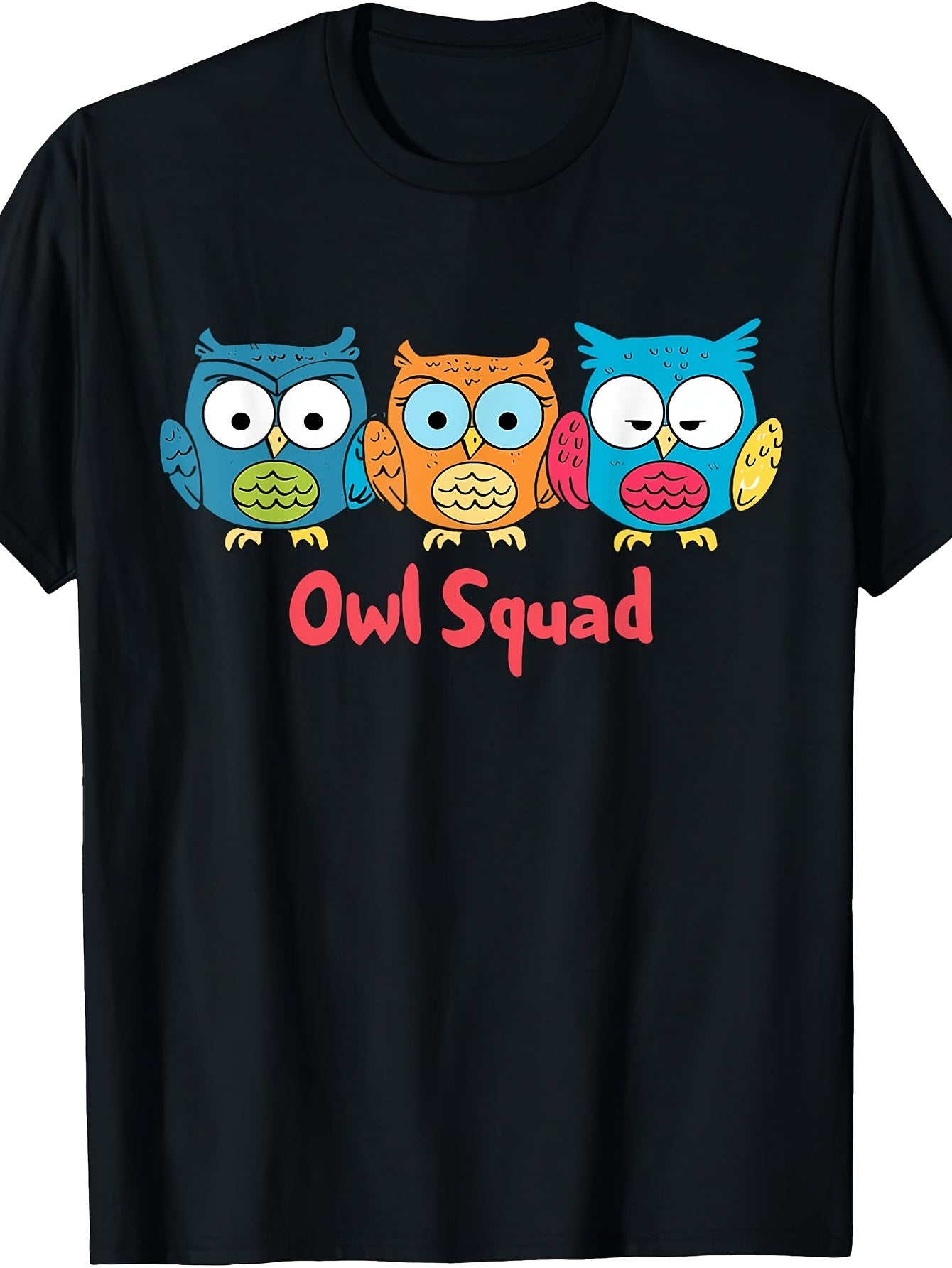 Cute Owl Squad Graphic T‑Shirt for Women, Colorful Cartoon Owls Casual Crewneck Short Sleeve Tee, Fun Animal Lover Gift Top