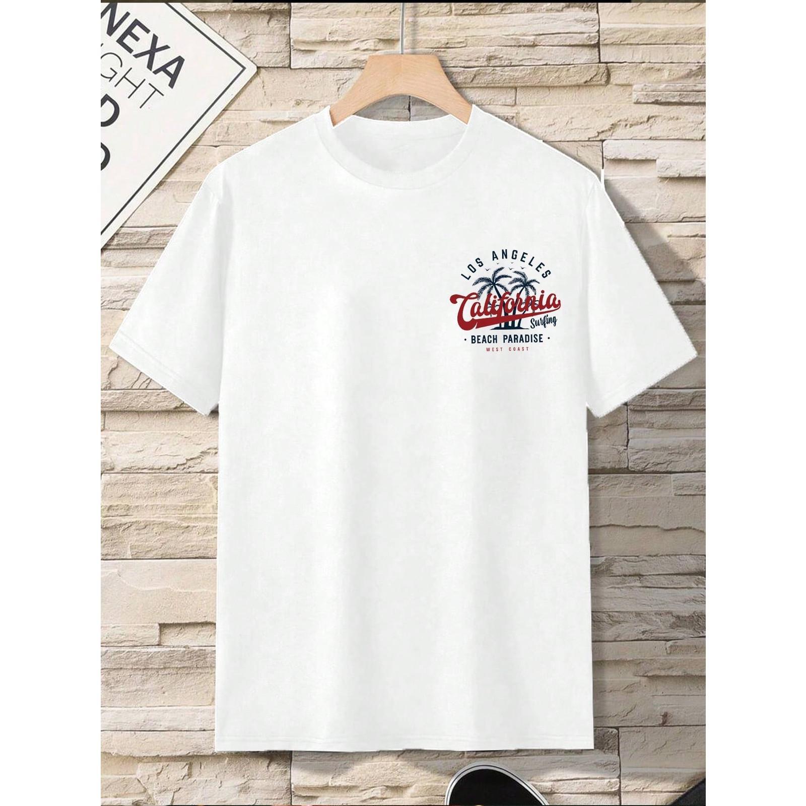 Men Los Angeles California Surfing Graphic T‑Shirt, Front Back Print West Coast Beach Paradise Casual Crew Neck Short Sleeve Tee For Summer Daily
