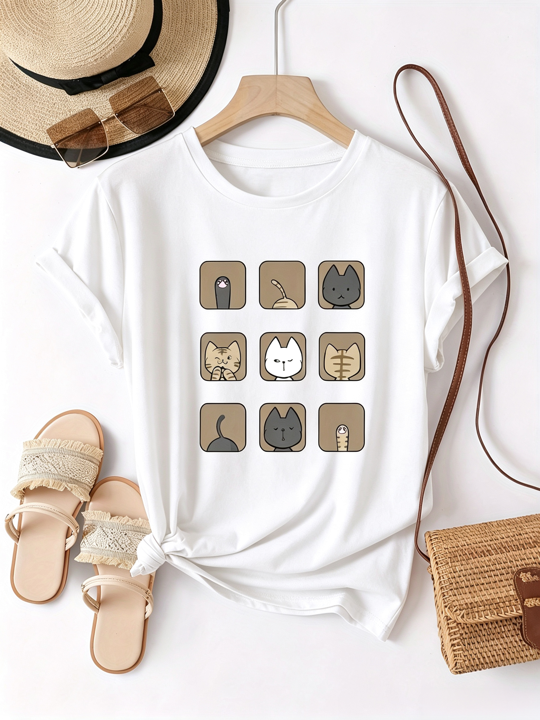 Cute Cat T-Shirt 3x3 Nine Grid Cats Graphic Tee For Cat Lovers