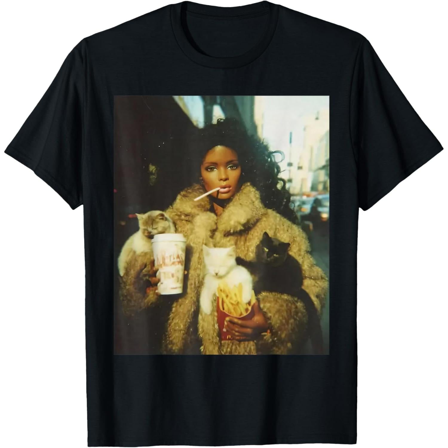 Funny Black Doll Face Meme with Sarcastic Cat Graphic T-Shirt - Creepy Cute Internet Humor Tee, Unisex Casual Top