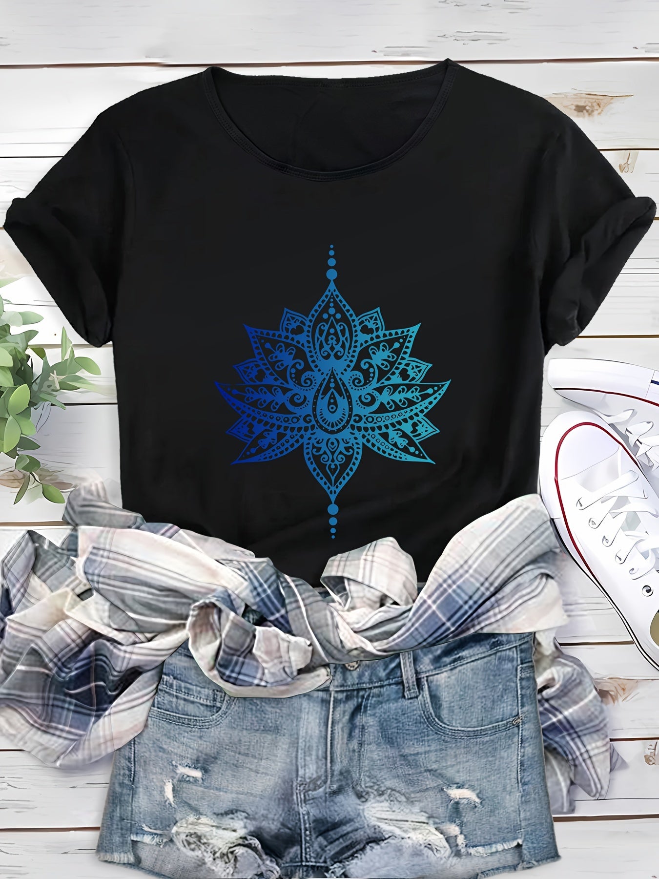 Blue for Lotus Print Top, Casual Shopping Party Comfortable Soft Short Sleeve Fashion T-Shirt