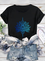 Blue for Lotus Print Top, Casual Shopping Party Comfortable Soft Short Sleeve Fashion T-Shirt