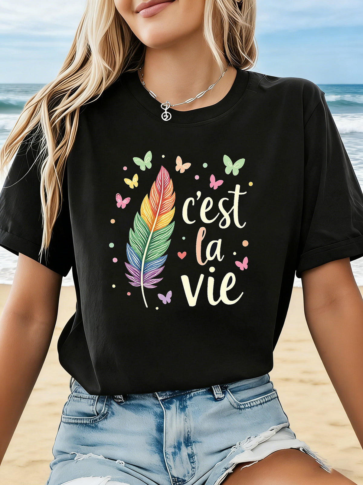 C'est La Vie Graphic Print Women's T-shirt, Short Sleeve Crew Neck Casual Top, Women's Clothing