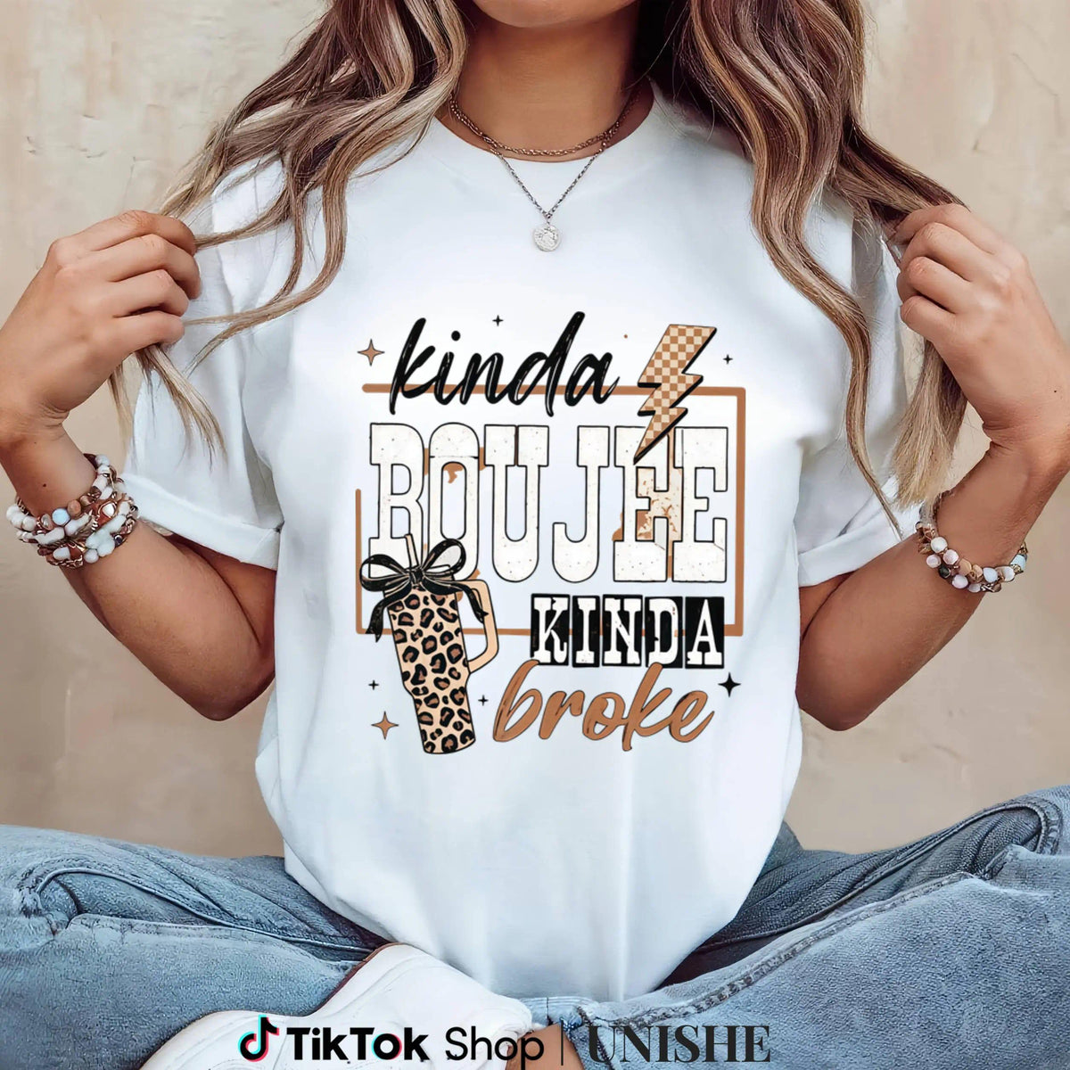Casual and Festive "Kinda Boujee Kinda Broke" ,Sarcastic Humor Self Aware Leopard Graphic Tee