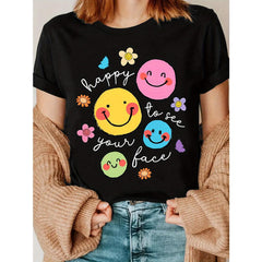 Funny Cartoon Joyful Face Printed T-Shirt, Back to Teacher T-Shirt, Happy to See Your Face T-Shirt, Teacher Life T-Shirt, Teacher Appreciation Gift, Teacher's Day Gift