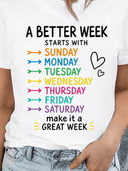A Better Week Starts With Sunday Graphic T-Shirt, Inspirational Colorful Days of the Week Tee, Casual Positive Message Shirt for Women