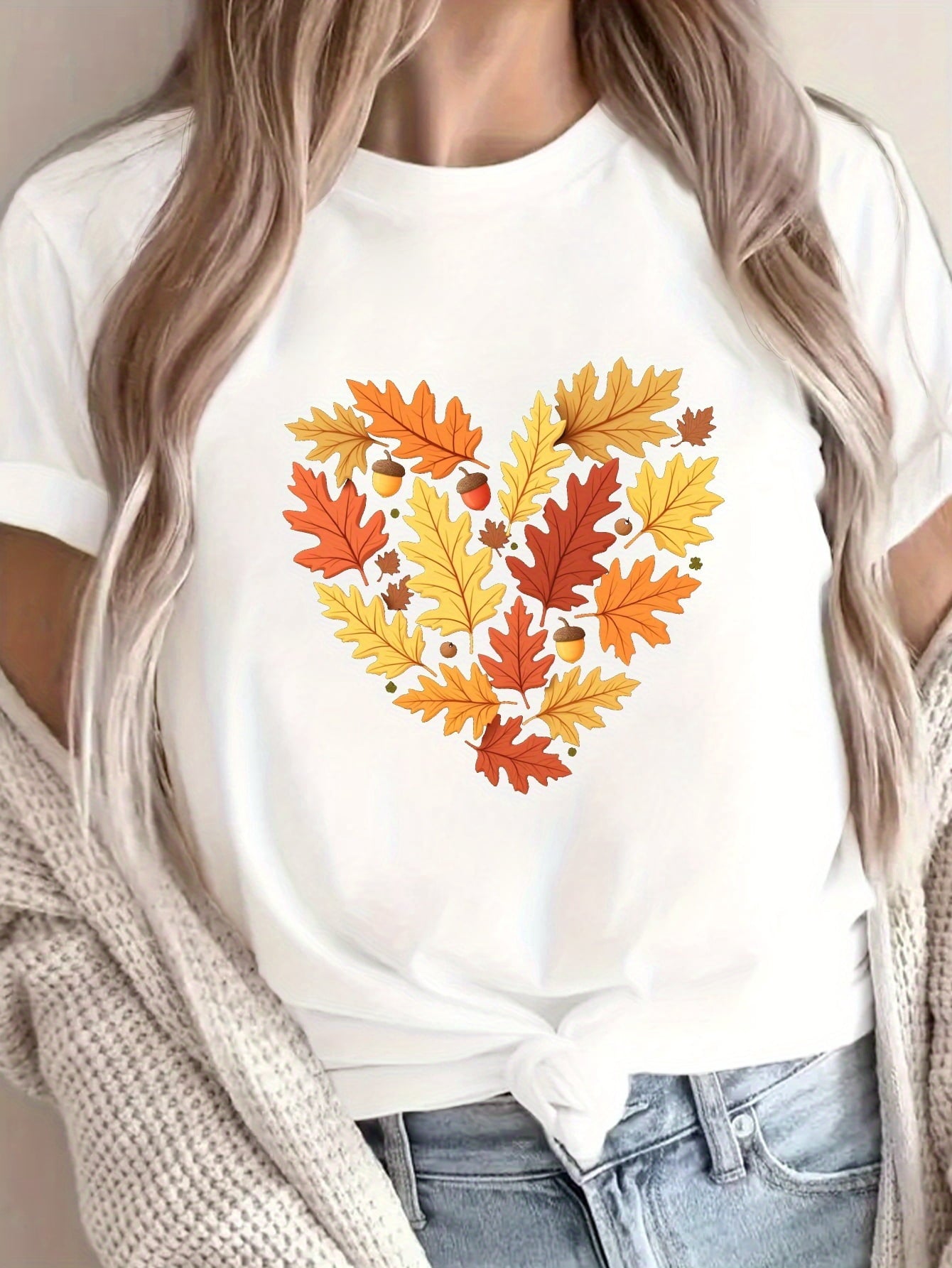 Acorn Autumn Heart Oak Leaves Print T-shirt, Short Sleeve Crew Neck Casual Top for Summer & Spring, Women's Clothing