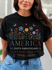 America 250th Anniversary Floral T-Shirt for Women, Patriotic Wildflower Graphic Tee, USA 1776-2026 Celebration Shirt