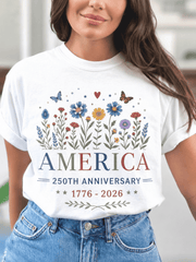 America 250th Anniversary Floral T-Shirt for Women, Patriotic Wildflower Graphic Tee, USA 1776-2026 Celebration Shirt