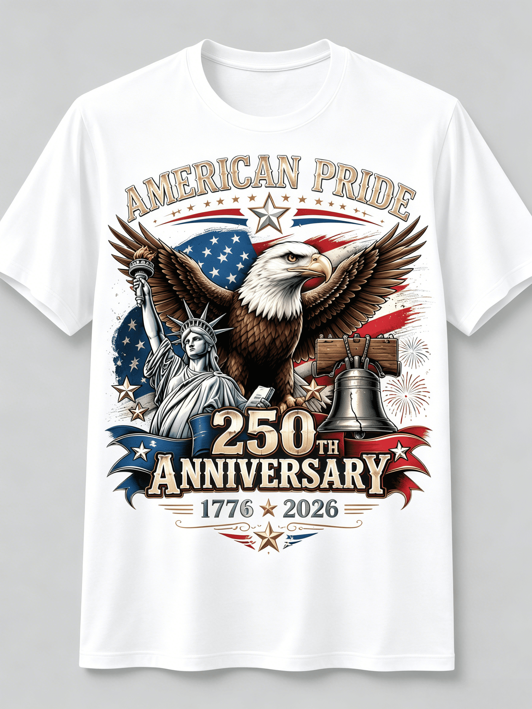 American Pride 250th Anniversary 1776-2026 T-Shirt Bald Eagle Statue of Liberty Liberty Bell USA Flag Vintage Patriotic Short Sleeve Tee for Men Women