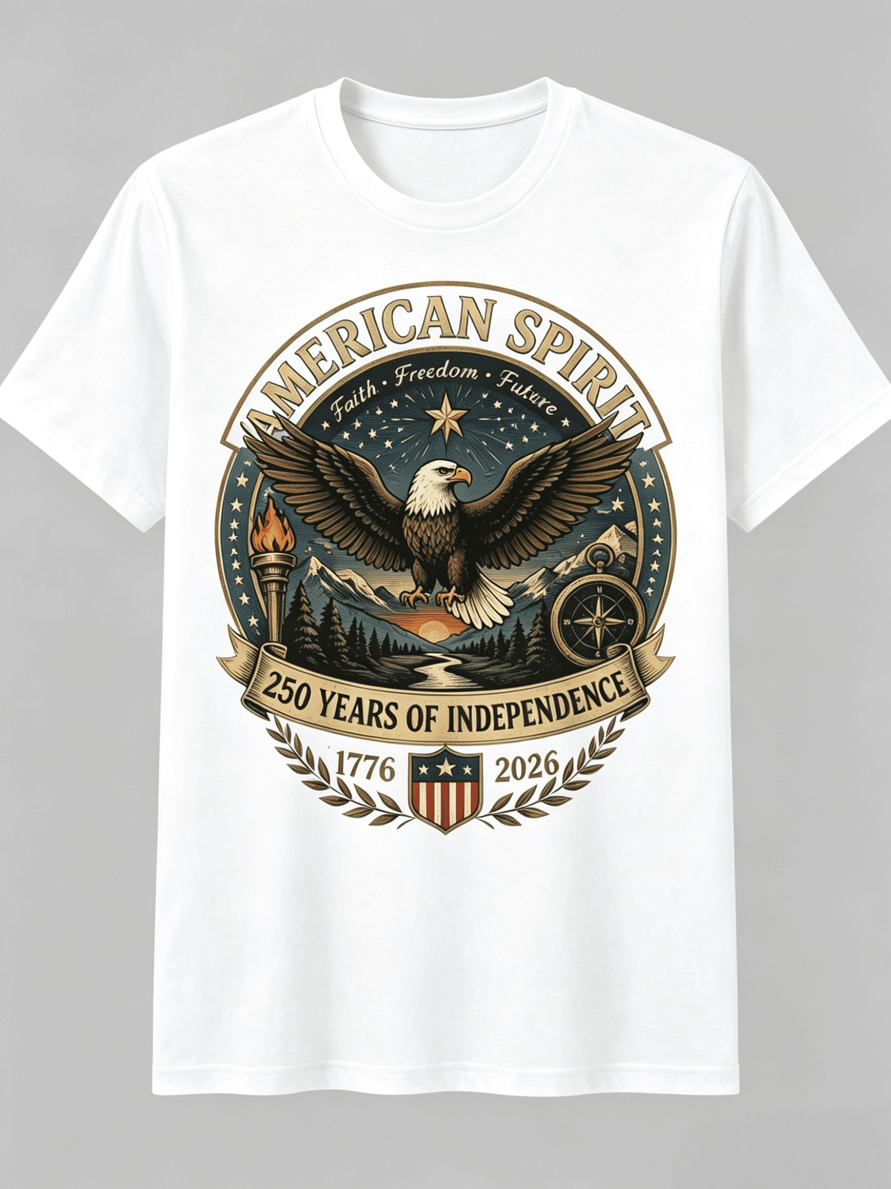 American Spirit Bald Eagle T-Shirt 250 Years of Independence 1776-2026 Patriotic Mountain Torch Compass Vintage Graphic Short Sleeve Tee