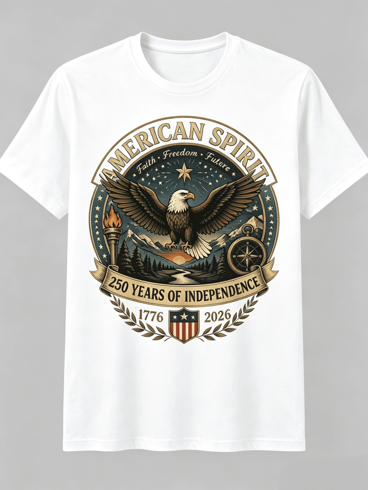 American Spirit Bald Eagle T-Shirt 250 Years of Independence 1776-2026 Patriotic Mountain Torch Compass Vintage Graphic Short Sleeve Tee