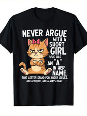 Angry Cartoon Cat Pattern T-Shirt- Personalized Black T-Shirt With Orange Furry Cat And Playful Slogan: "Never Argue With A Short With The Letter A In Her Name"- Specially Designed For Cat Lovers