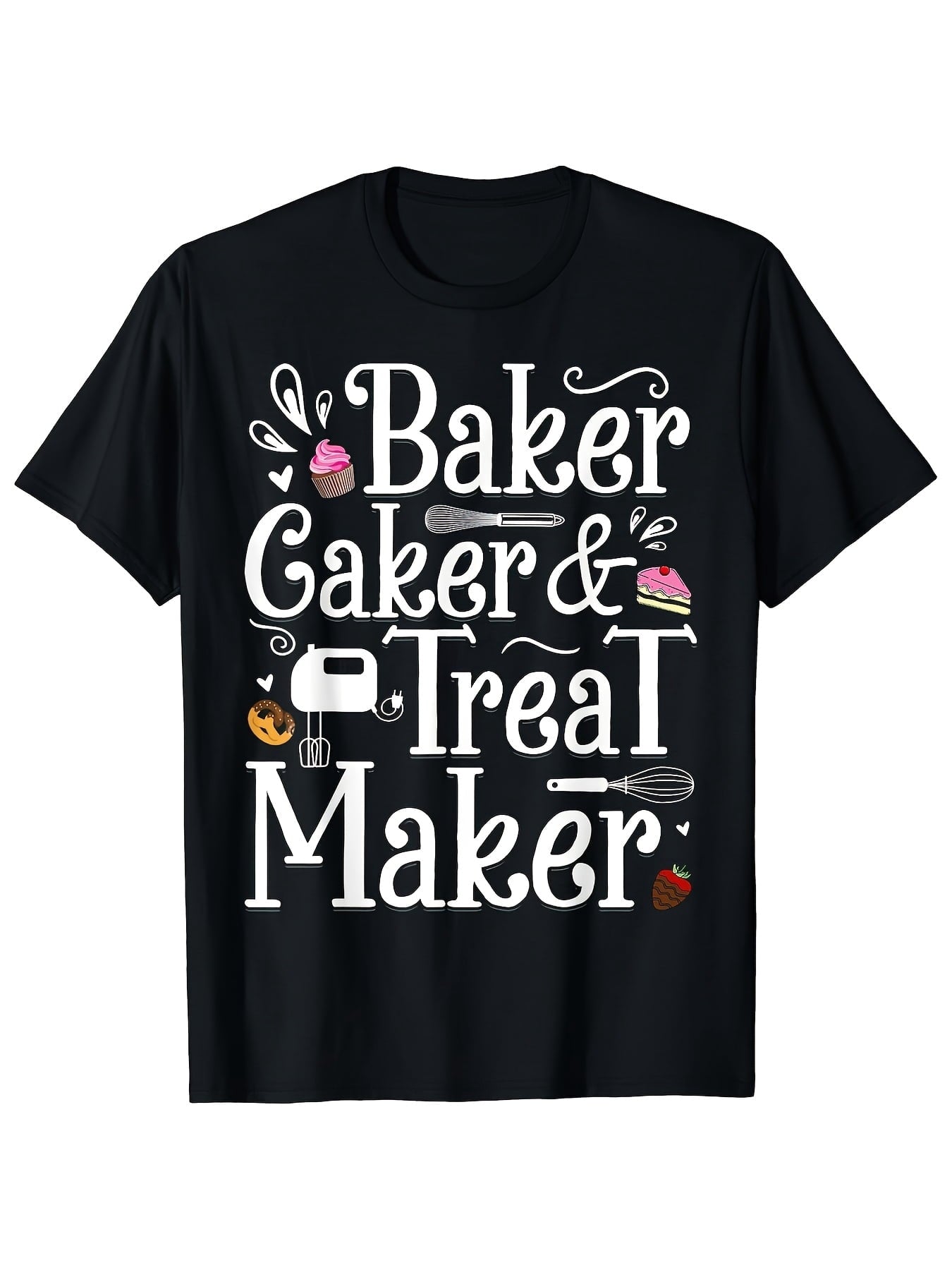 Baker Caker Treat Maker Funny Baking Graphic Tee for Men Women, Pastry Chef Cupcake Baker Short Sleeve T-Shirt, Casual Crew Neck Top for Baker Birthday Gift