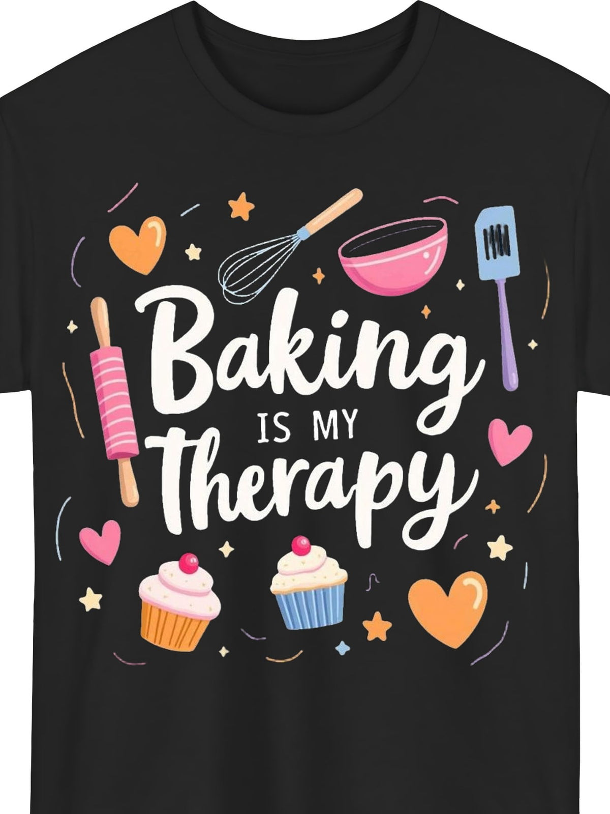 Baking Is My Therapy Graphic Tee for Women, Cute Cupcake Baking Tools Print Short Sleeve T-Shirt, Soft Casual Crew Neck Top for Spring Summer Fall Baking Lover Gift