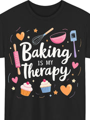 Baking Is My Therapy Graphic Tee for Women, Cute Cupcake Baking Tools Print Short Sleeve T-Shirt, Soft Casual Crew Neck Top for Spring Summer Fall Baking Lover Gift