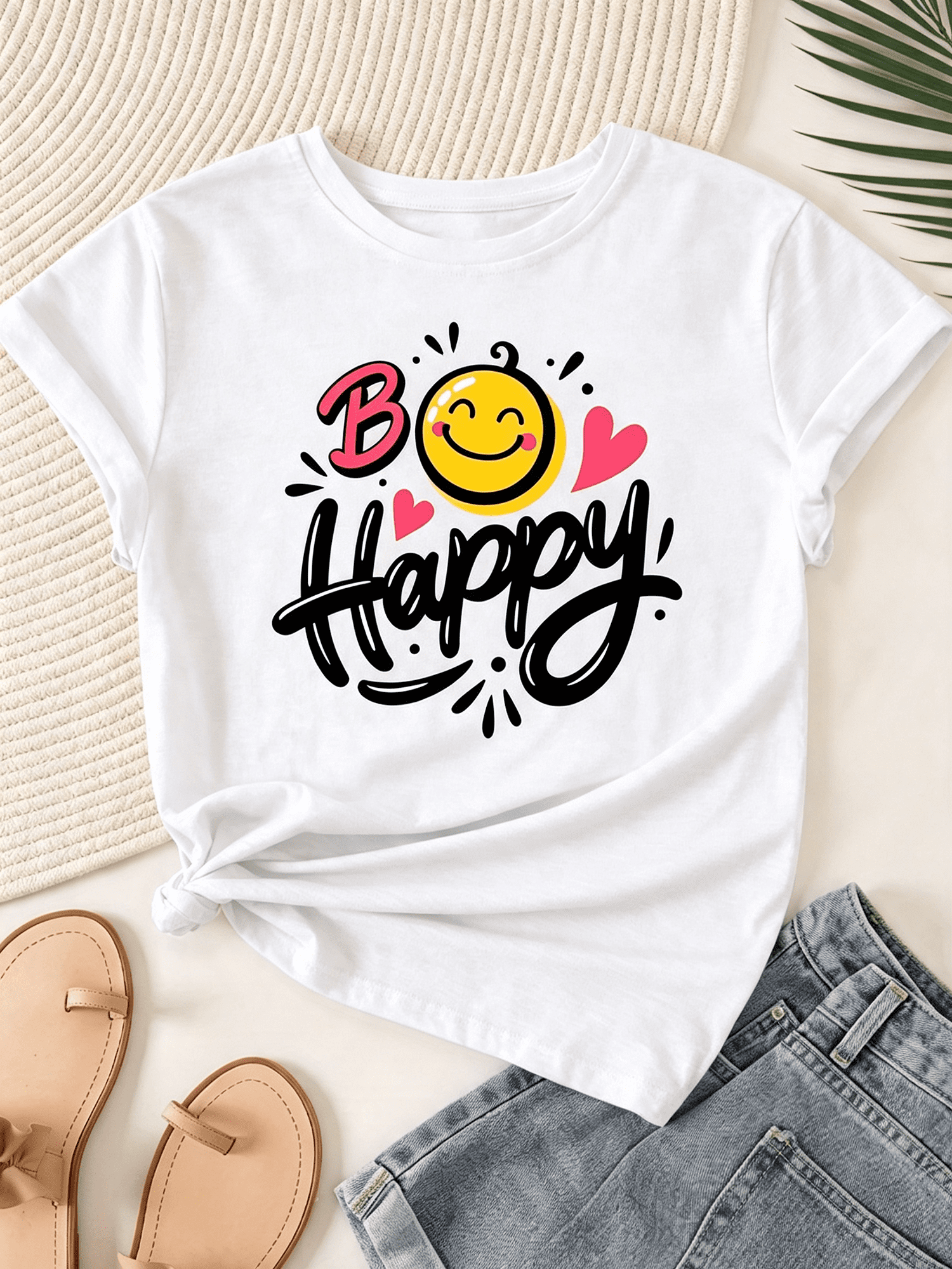 Be Happy Positive Quote Graphic T‑Shirt for Women, Casual Crewneck Short Sleeve Tee, Smile Face Heart Print Everyday Tops