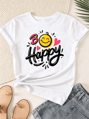Be Happy Positive Quote Graphic T‑Shirt for Women, Casual Crewneck Short Sleeve Tee, Smile Face Heart Print Everyday Tops