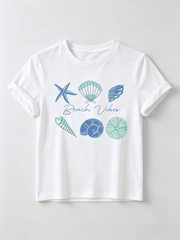 Beach Vibes Graphic T-Shirt - Casual White Tee with Rolled-Up Sleeves, Colorful Sea Creatures Design Including Starfish and Shells, Perfect Summer Top