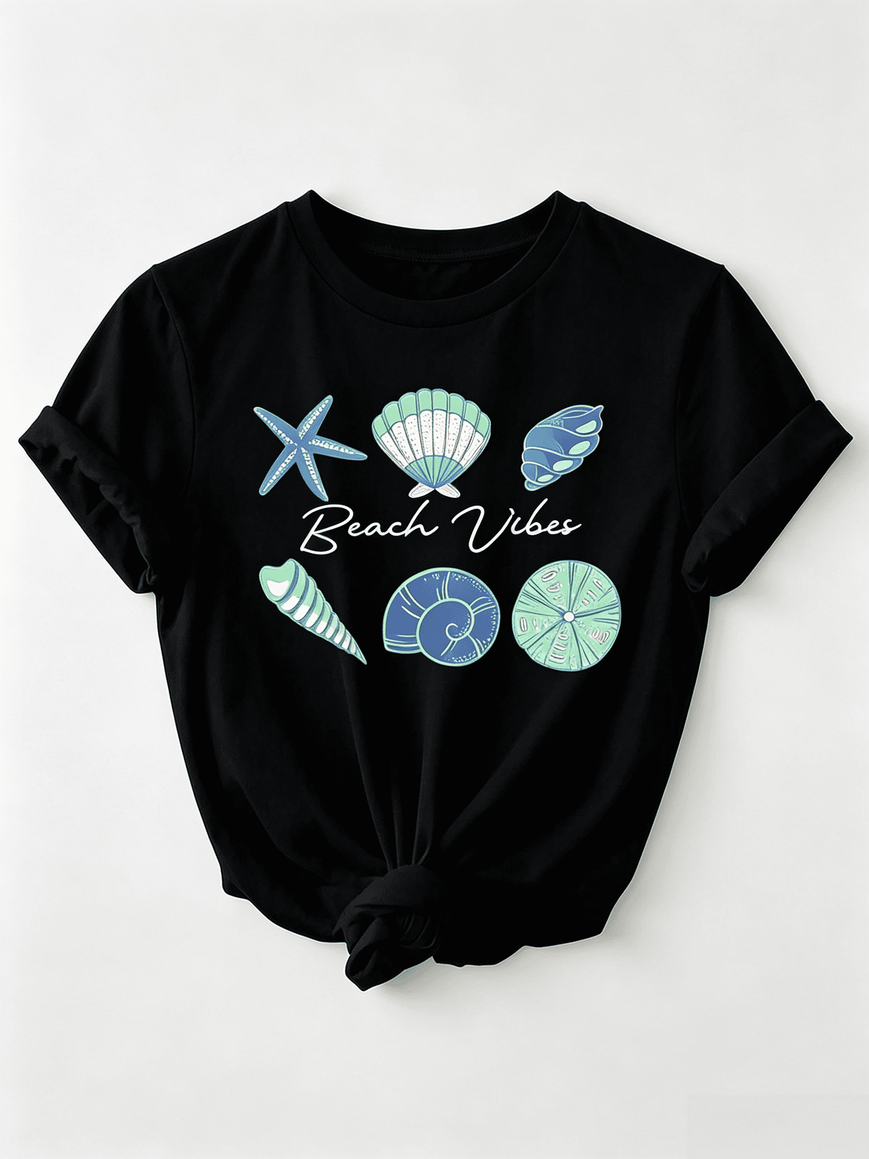 Beach Vibes Graphic T-Shirt - Casual White Tee with Rolled-Up Sleeves, Colorful Sea Creatures Design Including Starfish and Shells, Perfect Summer Top