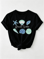 Beach Vibes Graphic T-Shirt - Casual White Tee with Rolled-Up Sleeves, Colorful Sea Creatures Design Including Starfish and Shells, Perfect Summer Top